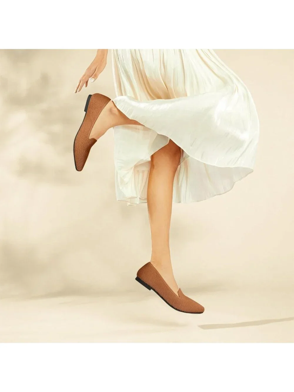Women's Brown Pointed Toe Knit Ballet Flats Washable Important Work Shoes